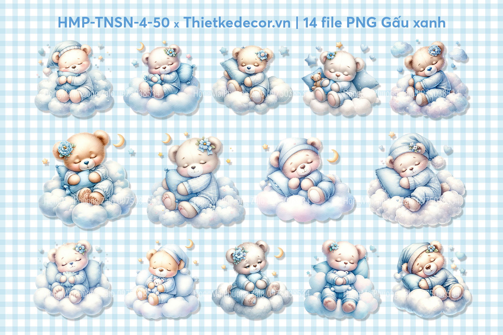 Set 14 file PNG gấu xanh cho tiệc đầy tháng, full month